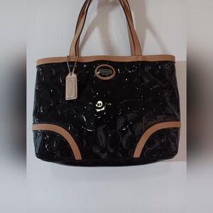 Coach Glossy Black and Tan Tote Bag